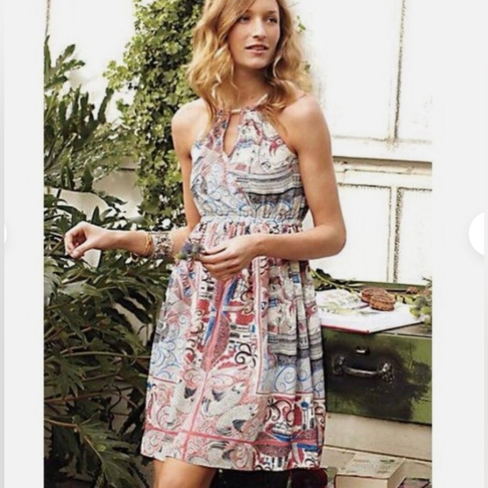 Anthropologie 100% silk halter Dress Castle Lake toile Pink Floreat M